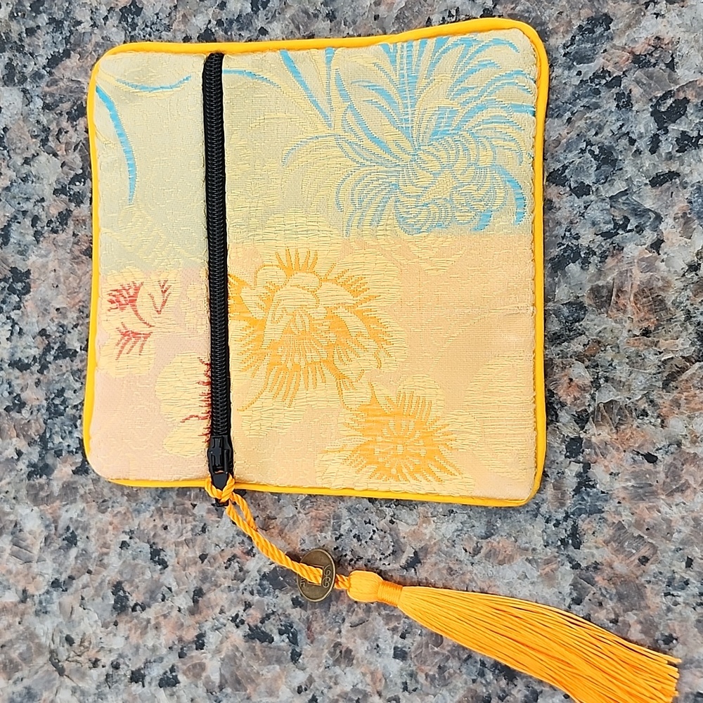 Lucky Pouch, Yellow Orange Floral Print, Coin Purse, Zipper and Tassel, 4"X4"